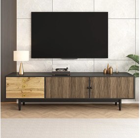 Nowoczesna szafka RTV - 180 x 38 x 50 cm - z 2 drzwiami z wzorem fali wodnej + 3 szufladami - MDF - czarna