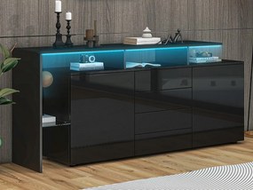 Buffet 160x35x70cm - z oświetleniem LED - 4 szuflady i 2 fronty - Błyszczące wykończenie - Płyty wiórowe - Czarny