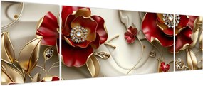 Obraz - 3D czerwono-złote kwiaty (170x50 cm)