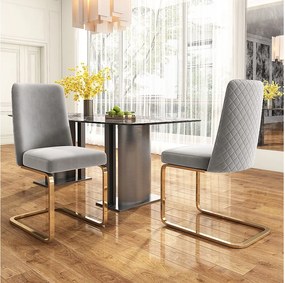 Zestaw 2 luksusowych welurowych foteli wypoczynkowych - 64,14 x 63,5 x 47,63 cm - oparcie w kształcie diamentu - nogi z metalu w kolorze złotym - szary