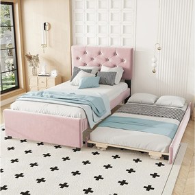 Łóżko wysuwane 90 x 200 cm - Łóżko dziecięce z wysuwanym łóżkiem i stelażem - Różowy aksamit - bez materaca