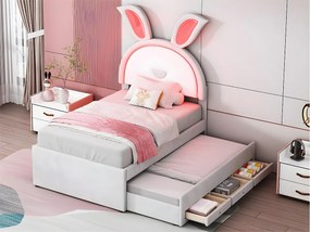 Łóżko dziecięce 90x200cm z weluru - łóżko z wysuwanym drugim łóżkiem z 3 szufladami i kolorowymi światłami LED - Beżowe