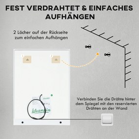 kleankin Lustro łazienkowe z oświetleniem LED, 3 kolory światła, funkcja anty-parowanie, zasilane kablem, 70 x 50 cm