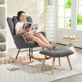 HOMCOM Fotel bujany z podnóżkiem, miękkie pokrycie polarowe, drewniane nogi, poduszka, wysokie oparcie, fotel bujany, ciemnoszary