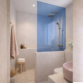 Ścianka prysznicowa Walk In MOLIS HALF Classic Blue szkło niebieskie | Różne rozmiary : Kolor profili kabiny - złoty szczotkowany, Rozmiar - 120 x 180 cm