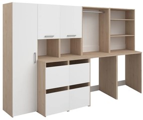 Szafka do pralni na 2 urządzenia z półkami, drążkiem, szafkami i słupkiem - Naturalny jasny i biały - szer. 269 x wys. 184 cm - ERKANO