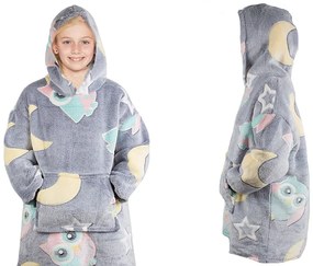 Dziecięca świecąca bluza kocowa z rękawami i kapturem SHINING OWL szara