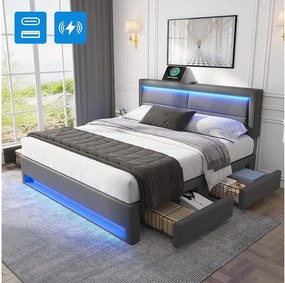 Łóżko tapicerowane 160 x 200 cm z wezgłowiem i 4 szufladami - LED-y i gniazda USB - skóra ekologiczna - czarne (bez materaca)