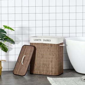 HOMCOM Kosz na Pranie 100L Bambus Poliester Bawełna z 3 Uchwytami Brązowy Biały 52x32x63cm | Aosom PL