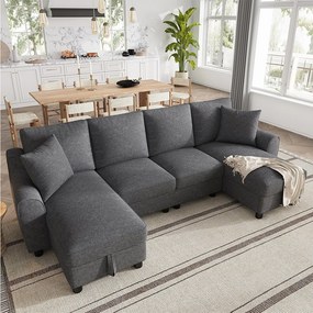 Narożnik w kształcie litery U z szezlongiem ze schowkiem i zdejmowanymi poduszkami – Chenille – 280 x 137 x 84 cm – Szary