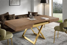 Ławostół 120 cm Ducale U - stół rozkładany do salonu 120-200 cm, regulowana wysokość, złoty stelaż - Truffle Brown Davos Oak