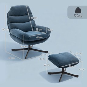HOMCOM Fotel relaksacyjny z podnóżkiem, lounge z tkaniny chenille, nowoczesny fotel do oglądania TV, 78 x 93 x 100 cm, niebieski