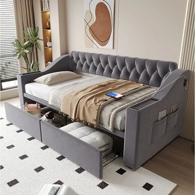 Sofa dziecięca tapicerowana z funkcją spania - 90 x 190 cm - z podłokietnikami ze schowkiem + port USB + 2 szuflady - welur - szary