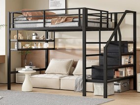 Łóżko mezzanine 140x200 cm z metalu - z półką i drabiną do przechowywania - Czarny