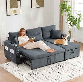 Sofa rozkładana 3-osobowa - 212,5 x 136 x 86 cm - z uchwytem na kubek + portem USB + schowkiem - rozkładana sofa - len - ciemnoszary