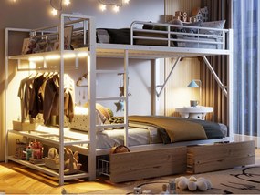 Łóżko piętrowe 140 x 200 cm - Konstrukcja metalowa - 2 szuflady - Kilka półek - Oświetlenie LED - Wieszak na ubrania - Biały​ (materac nie jest wliczony w cenę)