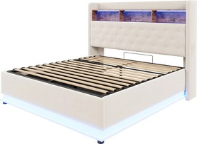 Łóżko z pojemnikiem 180x200 cm z lnu - z LED i gniazdami USB - Beżowe