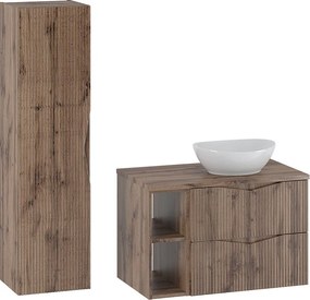 Zestaw do Łazienki 80cm Szafka Regał Blat Umywalka Słupek Ryflowane Fronty Dąb Wotan Cleo