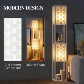 HOMCOM Lampa Podłogowa w Kratkę z 2-Poziomowymi Półkami, dla Różnych Żarówek, Biała