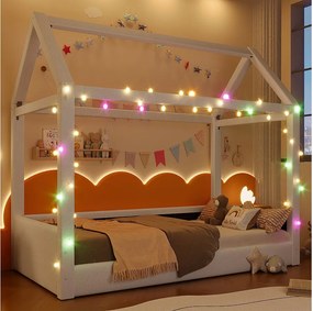 Sofa tapicerowana z funkcją spania - 90 x 200 cm - z diodami LED + baldachim - MDF - beżowa