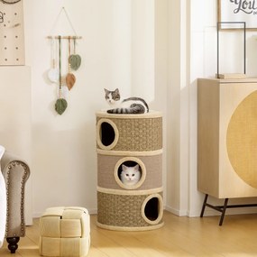 PawHut Tuba do drapania, 79 cm wys., Ø45 cm, trzy poziomy, sizalowy sznur, norka dla kota, dla dużych kotów, Khaki+Brąz