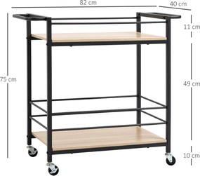 Wózek kuchenny HOMCOM wózek serwujący z 2 półkami, balustrada, stal, czarny+drewno 82 x 40 x 75cm