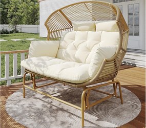 Podwójny fotel bujany ogrodowy 145x85x143cm - Fotel bujany - Rattan PE + żelazo + wodoodporna tkanina - Naturalny