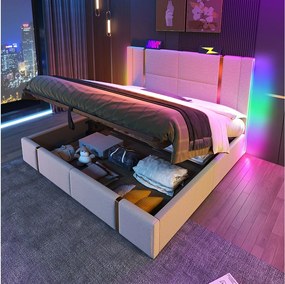 Łóżko z pojemnikiem 160 x 200 cm i zagłówkiem - Gniazda USB i Type-C - Diody LED - Tkanina lniana - Beżowy (bez materaca)