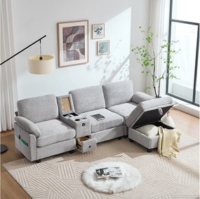 Sofa 3-osobowa, sofa sztruksowa z pufem i szufladami, 2 uchwytami na kubki i portem USB - jasnoszara
