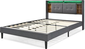 Łóżko dla dorosłych 140 x 200 cm - Zagłówek ze schowkiem i portem USB - len szary - materac w zestawie
