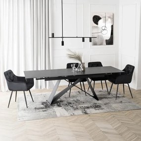 Zestaw Stół Prostokątny Rozkładany VICTOR 160-240 cm Czarny Marmur i 4 Krzesła MODESTO Czarne Welurowe Nowoczesne