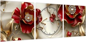 Obraz - 3D czerwono-złote kwiaty (z zegarem) (90x30 cm)
