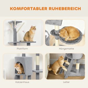 PawHut Drapak dla kota z domkiem, 4 zabawki, słupki z sizalu, duża platforma, schodek, dla kotów poniżej 5 kg, Szary