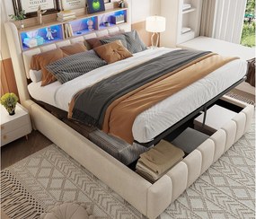 Łóżko z pojemnikiem i tapicerowanym zagłówkiem 180x200 cm - z oświetleniem LED + portem USB - Len - beżowe (bez materaca)