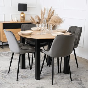 Zestaw Stół Okrągły Rozkładany HARRY 102-142 cm Dąb Artisan/Czarny i 4 Krzesła Tapicerowane CHRIS Szare Nowoczesne
