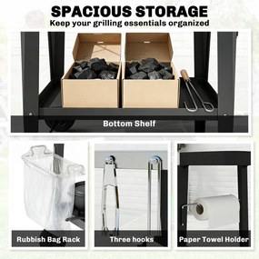 Outsunny Wózek kuchenny na kółkach, serwujący wózek z haczykami, uchwyt na ręczniki, stojak na worki na śmieci, stal nierdzewna, 115 x 67,5 x 80,5 cm, czarny | Aosom PL