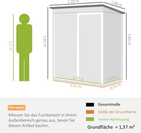 Outsunny Metalowy domek ogrodowy 1,37 m², schowek z łatwym montażem, dach jednospadowy, drzwi przesuwne, wentylacja, rękawice | Aosom PL