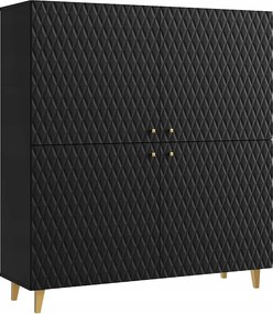 Nowoczesna wysoka komoda 120 cm czarny grafit, fronty MDF romby, złote uchwyty i złote nóżki