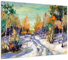 Obraz - Zaśnieżona ścieżka przez las, obraz olejny (70x50 cm)