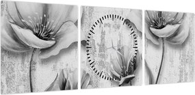 Obraz - Czarno-białe kwiaty na tle (z zegarem) (90x30 cm)
