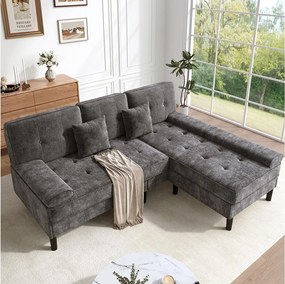 Narożnik 3-osobowy w kształcie litery L - 195 x 149 x 86 cm - z szezlongiem + wyjmowanym podnóżkiem - welur - szary