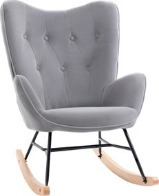 HOMCOM Fotel bujany z pikowaniem, drewniane ślizgacze, wygląd aksamitu, do 150 kg, Jasnoszary