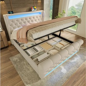 Łóżko tapicerowane dwuosobowe z pojemnikiem na pościel - 140 x 190 cm - z diodami LED + zagłówek + porty USB i typu C - hydrauliczny stelaż - aksamit - beż