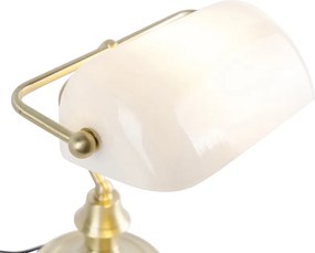 Klasyczna lampa notarialna złota z opalowym szkłem - Banker