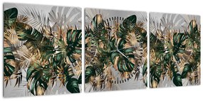 Obraz - Złoto - zielone tropikalne liście (z zegarem) (90x30 cm)