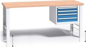 Stół warsztatowy z regulacją wysokości G3, 1700 x 685 x 840-1050 mm, 1x 4 szufladowy kontener, niebieski