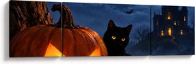 Obraz - Czarny kot przy świecącej dyni na Halloween (170x50 cm)