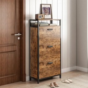 Brązowa rustykalna szafka na buty w stylu loft 60x130x30 cm - 3 półki, MDF + metal, industrialny design