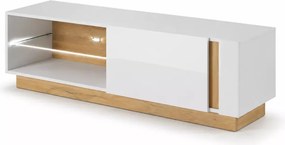 Szafka RTV Ariko 138 cm – w kolorze biały połysk / dąb grandson z przeszkloną półką