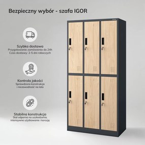 Szafa socjalna 6-drzwiowa Eco Design Igor, 90x45x185 cm, antracyt/dąb sonoma
